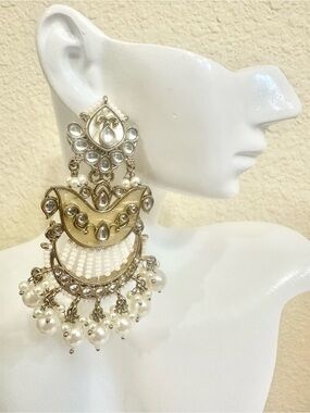 Ornate Gold Plated White Pearl Chandbali Earrings